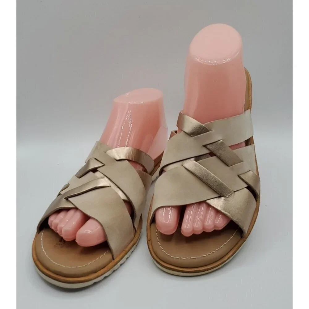 Sorel Ella Women Slide Natural Tan Gold Leather Sz 9 Strappy Criss Cross Straps